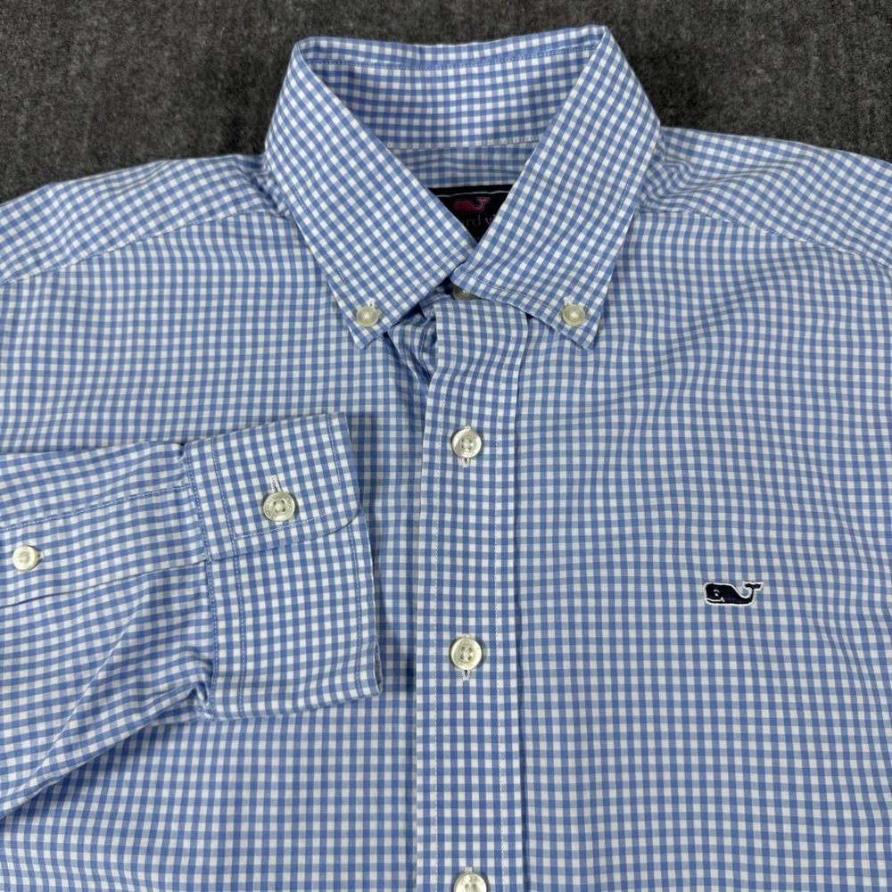 Vineyard Vines Men's Small Whale Shirt Blue Gingham Check Long Sleeve